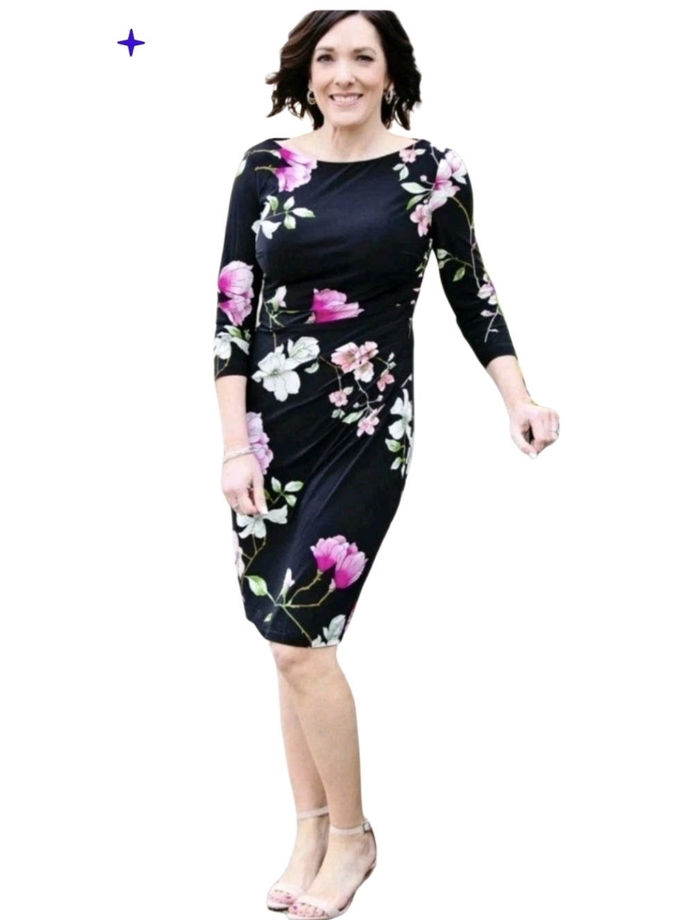 Chaps Dress Womens Dress Black Floral Faux Wrap Rouched Waist Sheath Size Medium